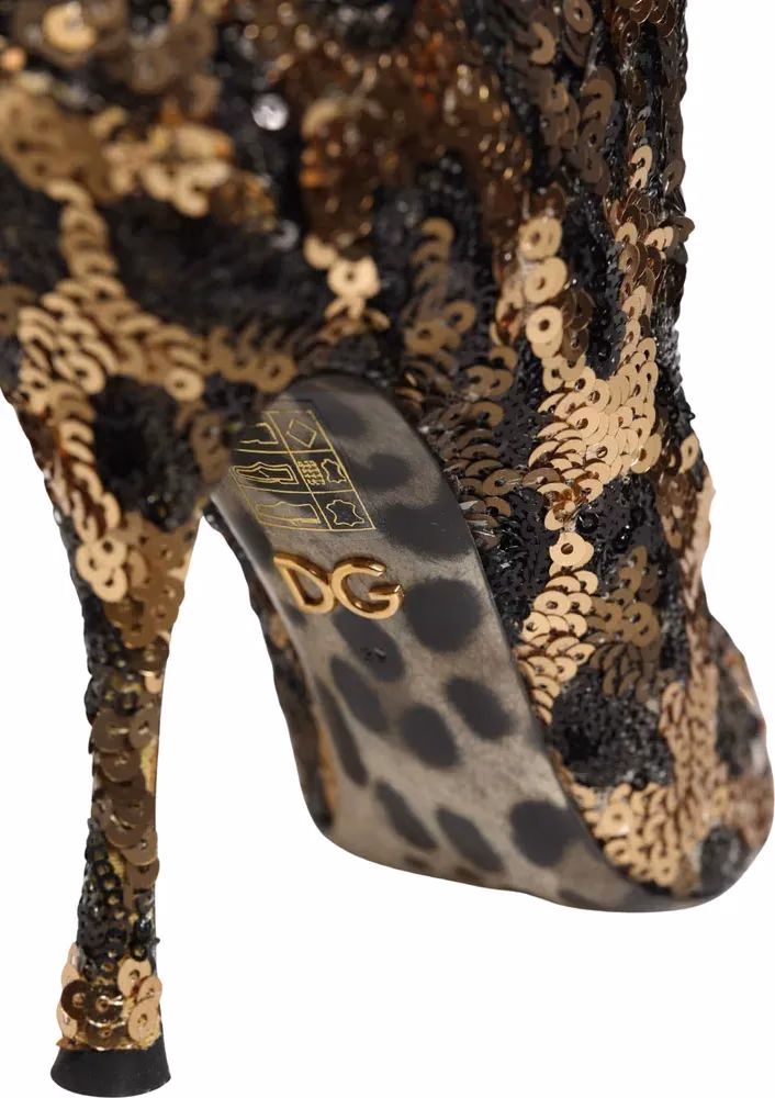 Dolce & Gabbana Gold Leopard Sequin Sock Ankle Boots Shoes