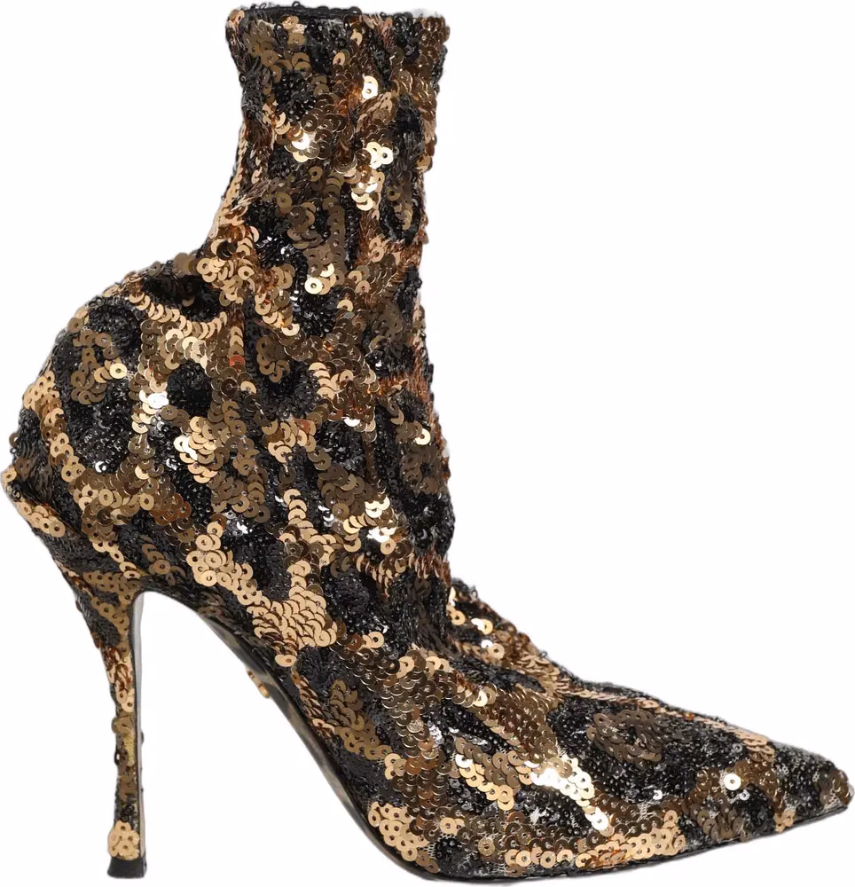Dolce & Gabbana Gold Leopard Sequin Sock Ankle Boots Shoes