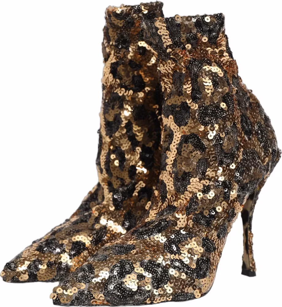 Dolce & Gabbana Gold Leopard Sequin Sock Ankle Boots Shoes