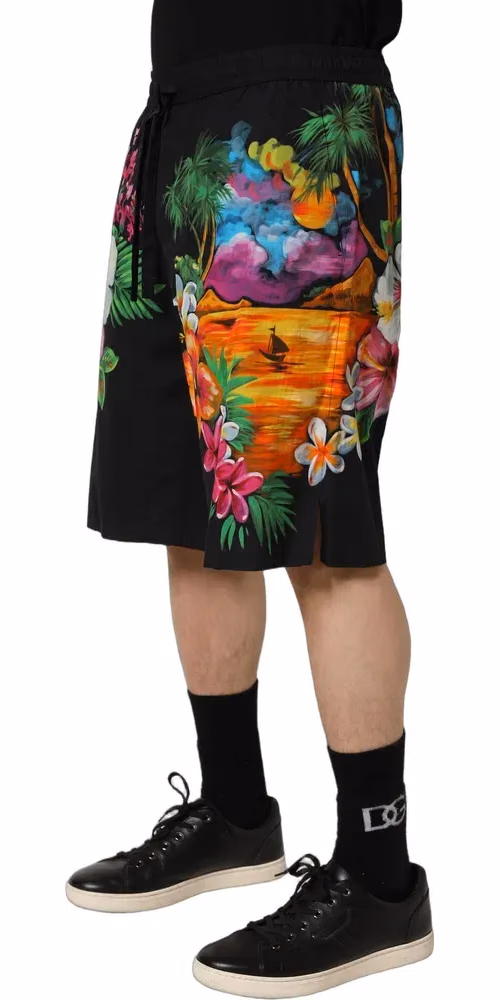 Dolce & Gabbana Black Cotton Tropical Floral Bermuda Shorts