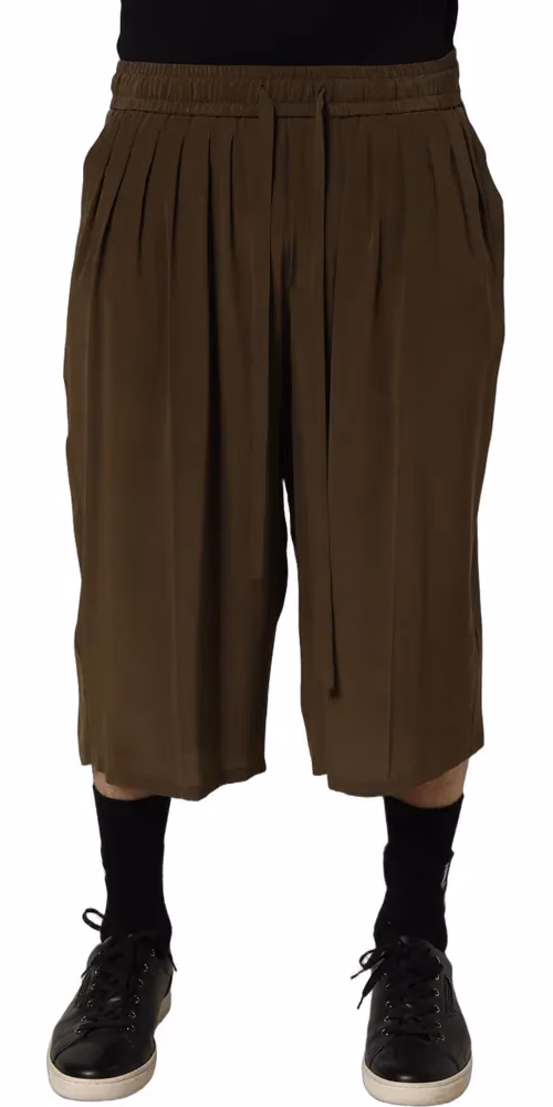 Dolce & Gabbana Brown Silk Mid Waist Pleated Bermuda Shorts