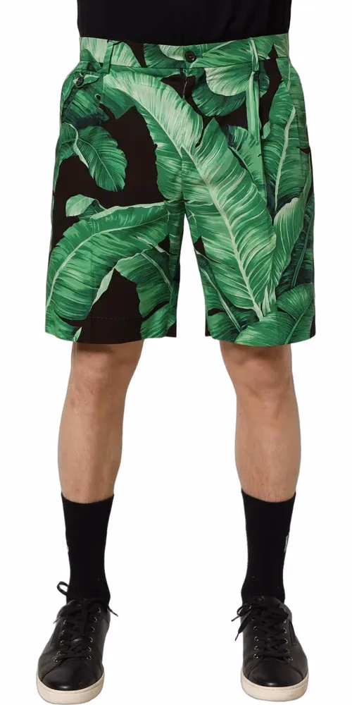 Dolce & Gabbana Black Green Banana Leaf Men Bermuda Shorts