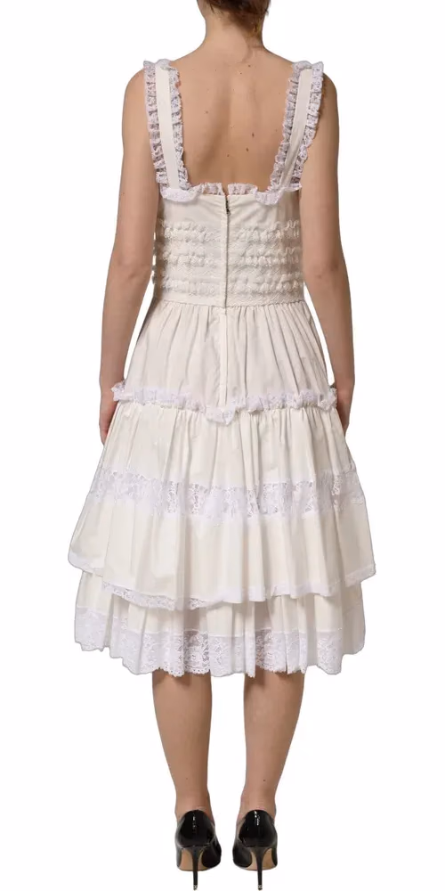 Dolce & Gabbana White Cotton Poplin Ruffled Midi Dress