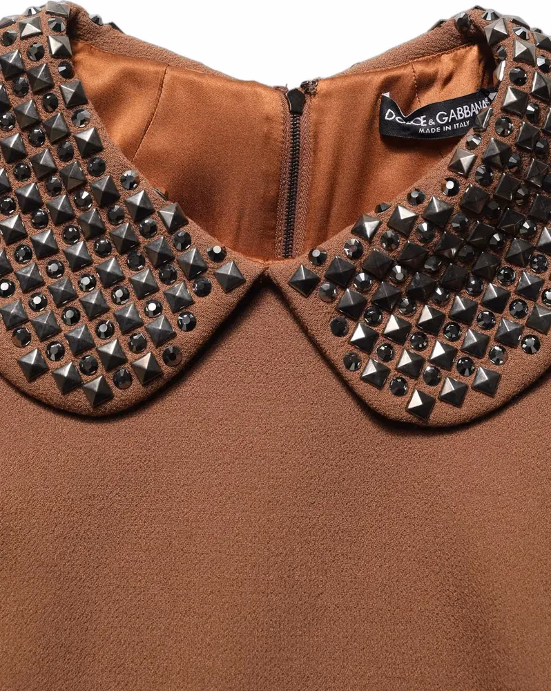 Dolce & Gabbana Brown Wool Rhinestone Embellished Midi Dress
