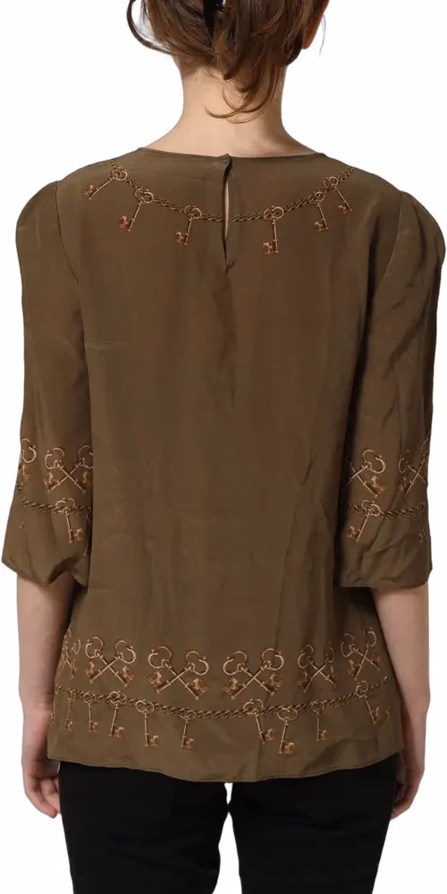 Dolce & Gabbana Brown Keys Roses Printed Silk Blouse Top