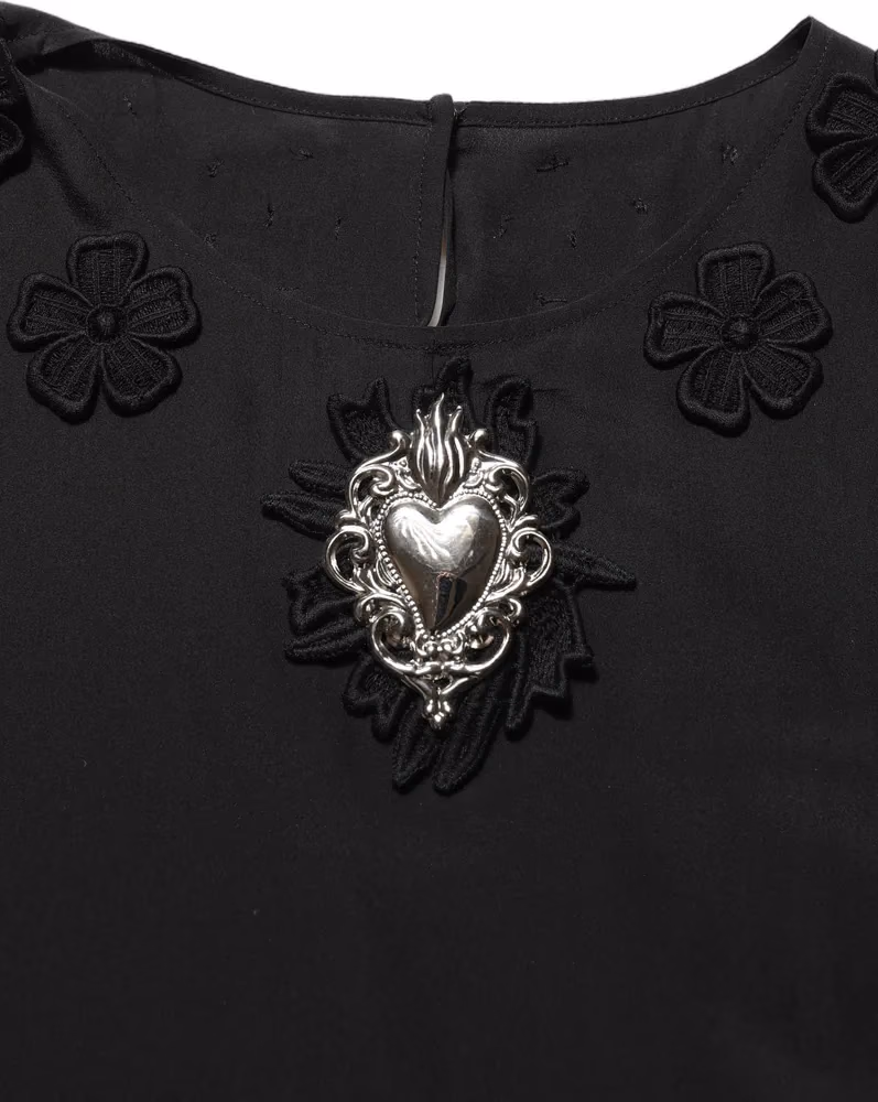 Dolce & Gabbana Black Floral Silk Heart Appliqué Blouse Top