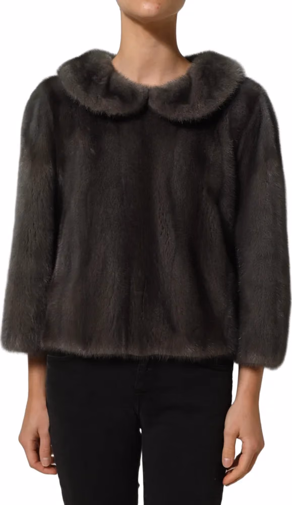 Dolce & Gabbana Dark Gray Mink Fur Round Collar Blouse Top