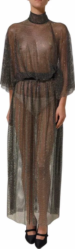 Dolce & Gabbana Black Rhinestone Mesh Turtleneck Maxi Dress