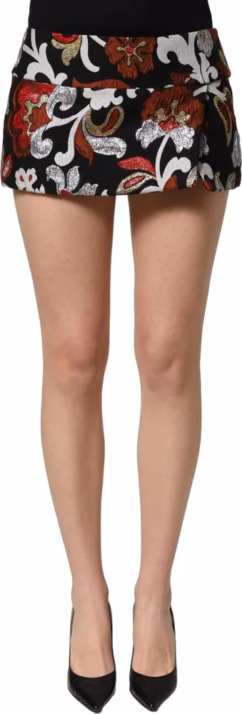 Dolce & Gabbana Black Floral Jacquard Mid Waist Mini Skirt