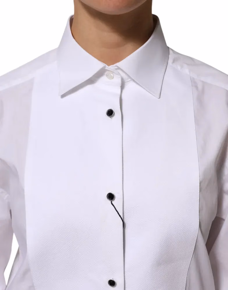 Dolce & Gabbana White Cotton Tuxedo Bib Long Sleeve Dress Shirt