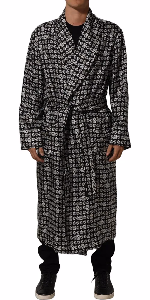 Dolce & Gabbana Black White Silk Men Wrap Robe Coat Jacket