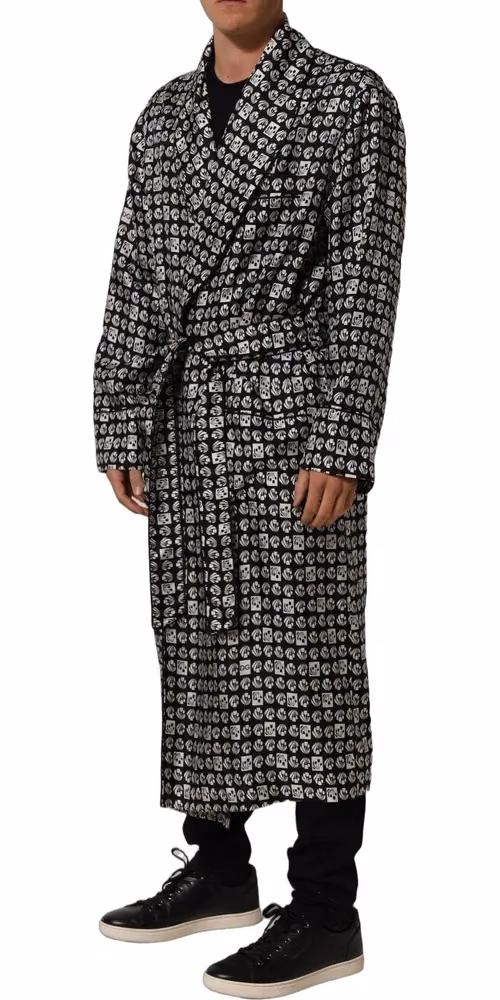 Dolce & Gabbana Black White Silk Men Wrap Robe Coat Jacket