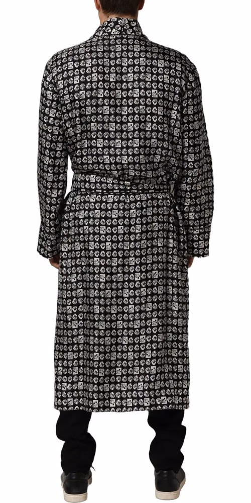 Dolce & Gabbana Black White Silk Men Wrap Robe Coat Jacket