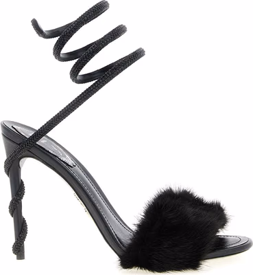 Black Leather Stiletto Heel Sandals