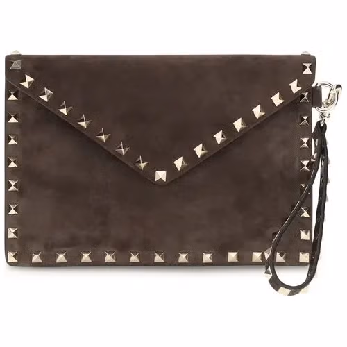 Valentino Garavani Brown Suede Leather Clutch Bag