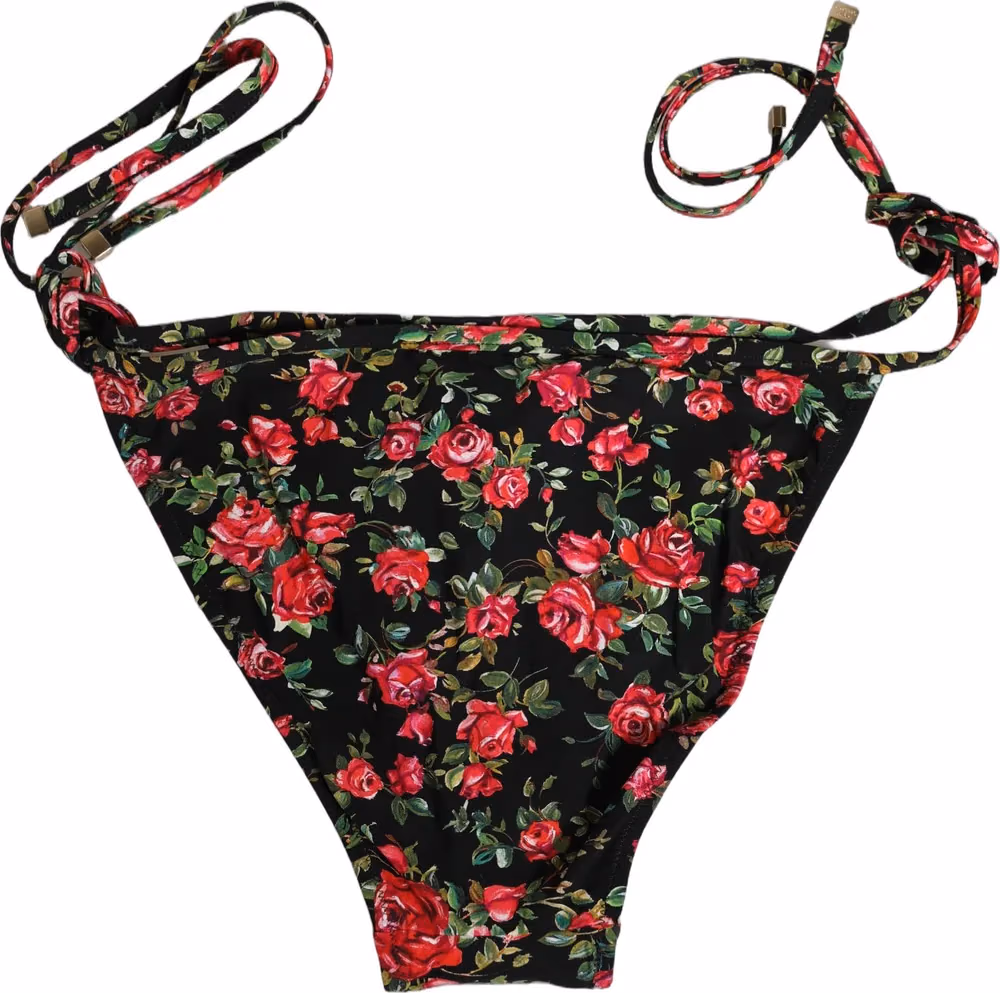 Dolce & Gabbana Black Floral Print Nylon Beachwear Bikini Bottom