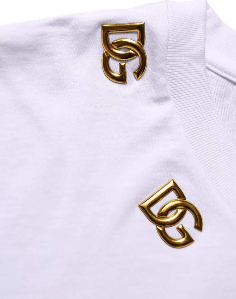 Dolce & Gabbana White Cotton Gold DG Logo Crew Neck T-shirt