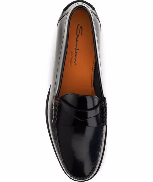 Santoni Black Calf Leather Bos Taurus Slip-On Loafers