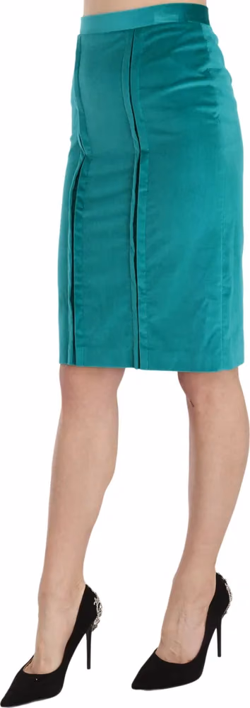 GF Ferre Green Solid Twill Knee Length Pencil Midi Skirt