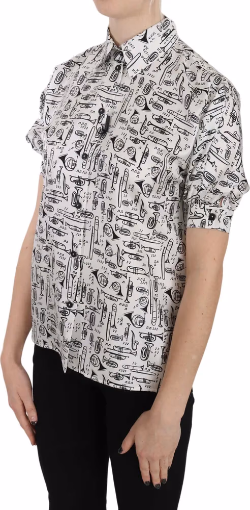 Dolce & Gabbana Trumpet Print Button Front Silk Top Blouse