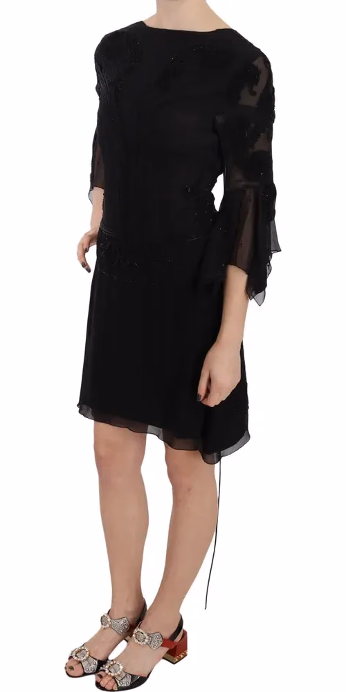 John Richmond Black Sequined Silk Mini Shift Gown