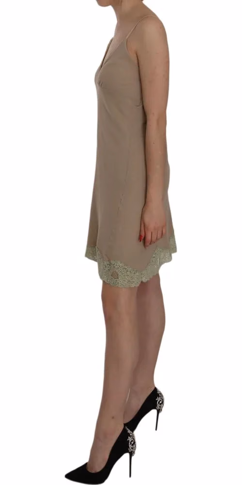 PINK MEMORIES Beige Lace Spaghetti Strap Mini Cotton Dress
