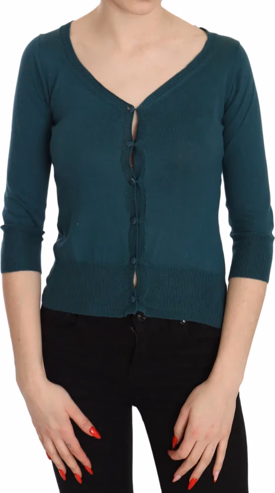 PINK MEMORIES Blue Green Cotton 3/4 Sleeve Cardigan Top Blouse