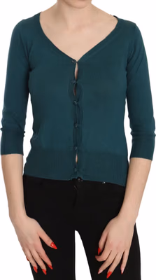 Blue Green Cotton 3/4 Sleeve Cardigan Top Blouse