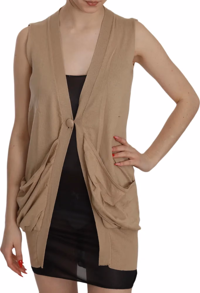 PINK MEMORIES Brown 100% Cotton Sleeveless Cardigan Top Vest