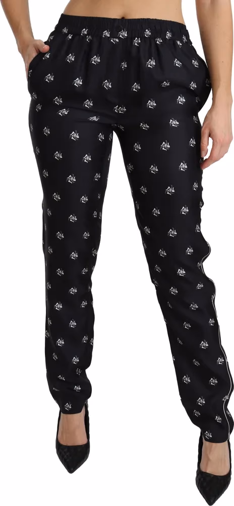 Dolce & Gabbana Black Printed Mid Waist Skinny Silk Pants