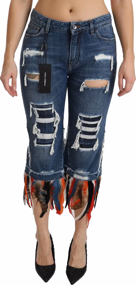 Dolce & Gabbana Blue Feathers Low Waist Cropped Cotton Jeans