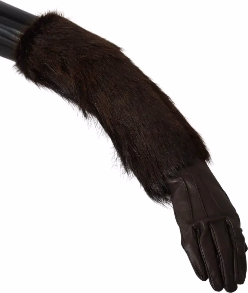 Dolce & Gabbana Brown Elbow Length Mittens Leather Fur Gloves