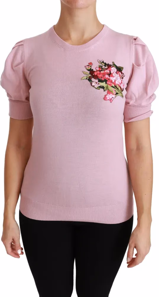 Dolce & Gabbana Pink Floral Embroidered Blouse Wool Top