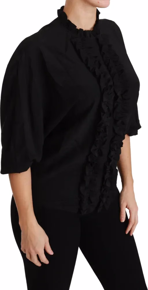 Dolce & Gabbana Black Silk Shirt Ruffled Top Blouse