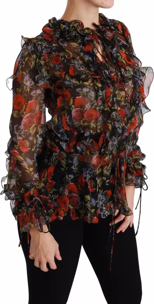 Dolce & Gabbana Black Floral Roses Blouse Silk Top