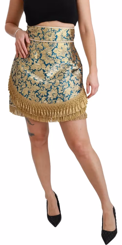 Dolce & Gabbana Blue High Waist Jacquard Tassel Gold Skirt
