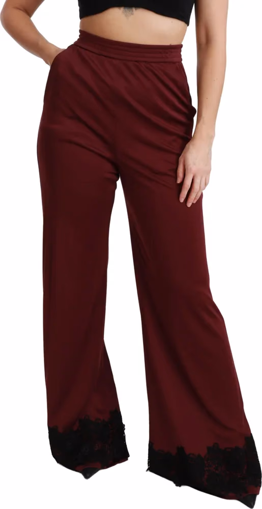 Dolce & Gabbana Black Lace High Waist Wide Leg Maroon  Pants