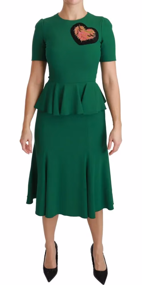 Dolce & Gabbana Green Heart Patch Mermaid Midi Viscose Dress