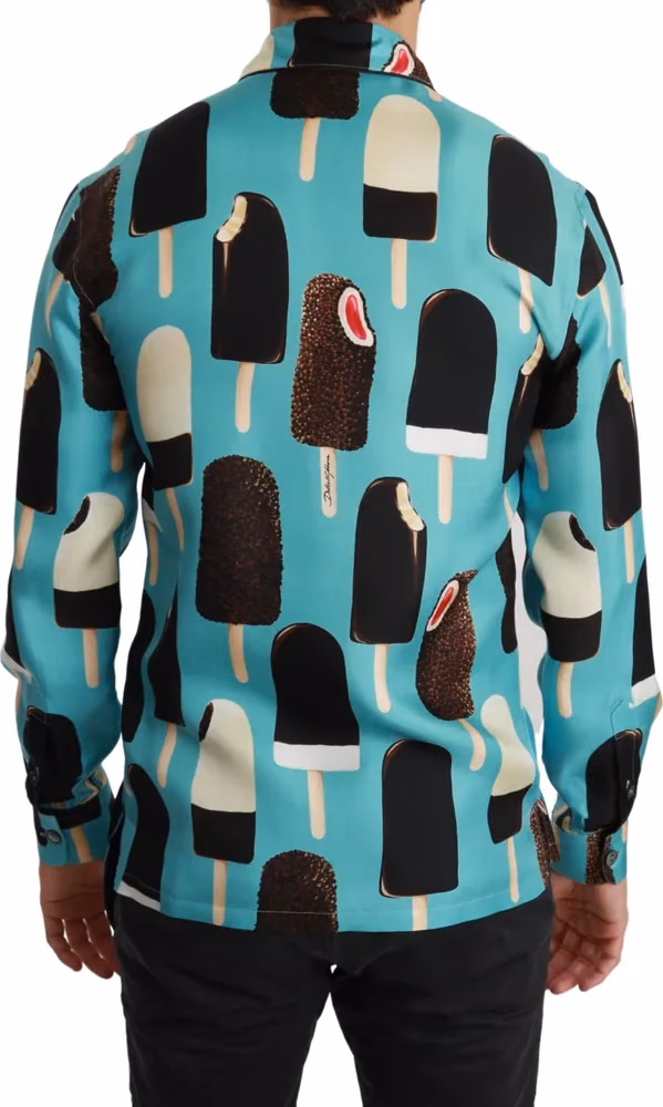 Dolce & Gabbana Blue Silk Ice Cream Print Casual Shirt