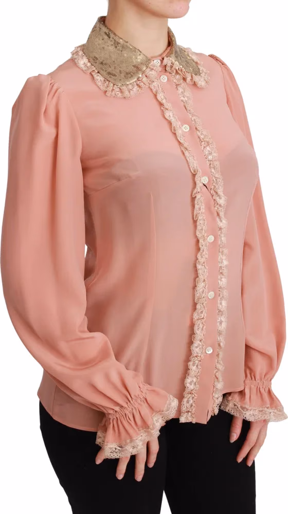 Dolce & Gabbana Pink Silk Gold Sequin Lace Blouse Shirt