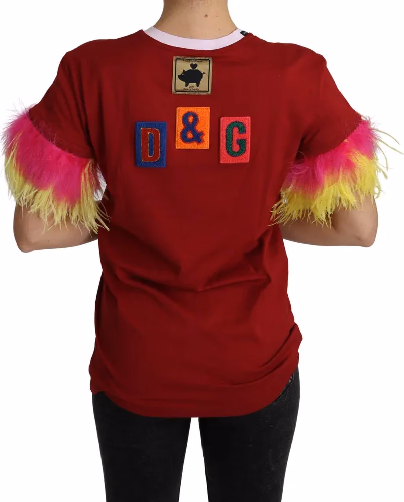 Dolce & Gabbana Red Pig Print Feather Sleeves T-shirt Top