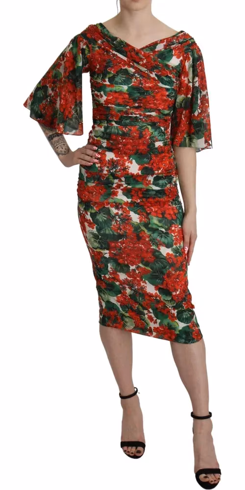 Dolce & Gabbana Red Floral Sheath Midi Silk Stretch Dress