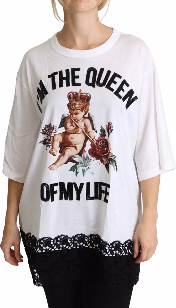 Dolce & Gabbana White Angel Print Cotton Round Neck Shirt Tops