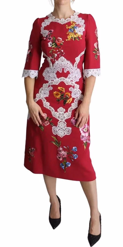 Dolce & Gabbana Red Floral Embroidered Sheath Midi Dress