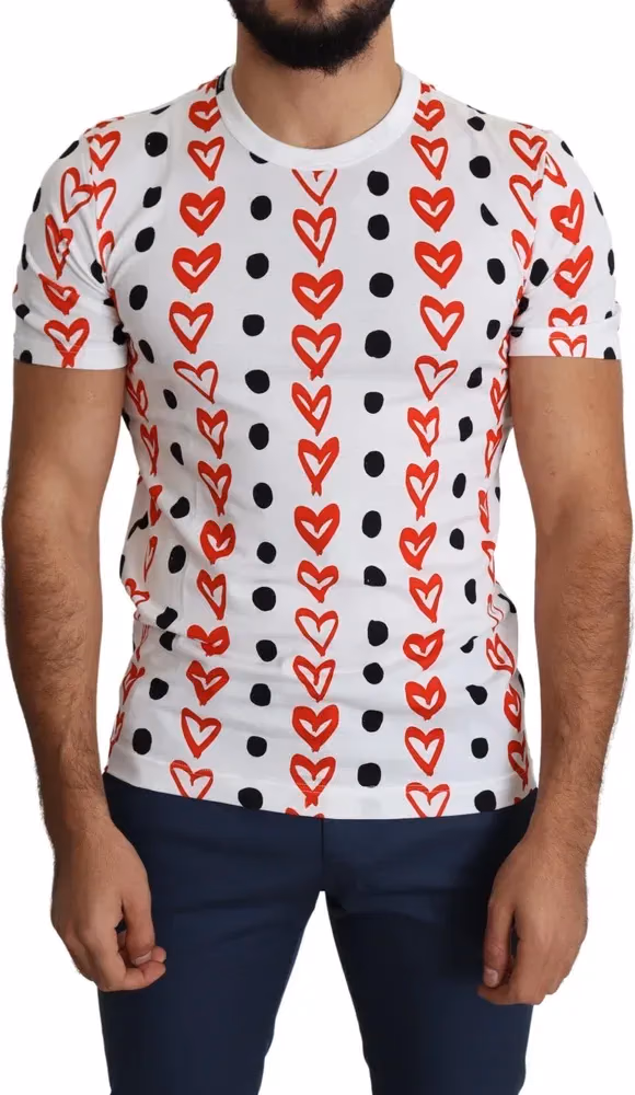 Dolce & Gabbana White Hearts Print  Cotton Men Top T-shirt