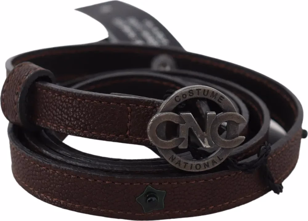 Costume National Brown Skinny Leather Round Logo Buckle Belt