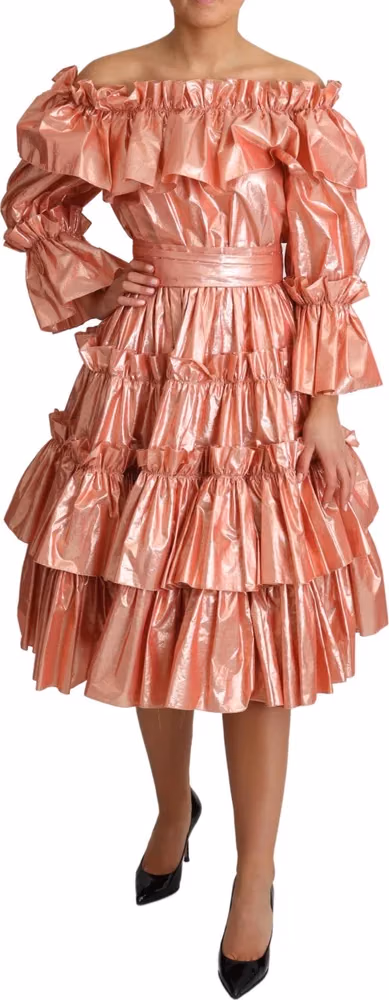 Dolce & Gabbana Pink Ruffled Dress Silk Cotton Gown Dress