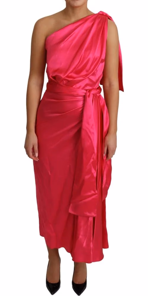 Dolce & Gabbana Dress Pink Fitted Cut One Shoulder Midi Dress