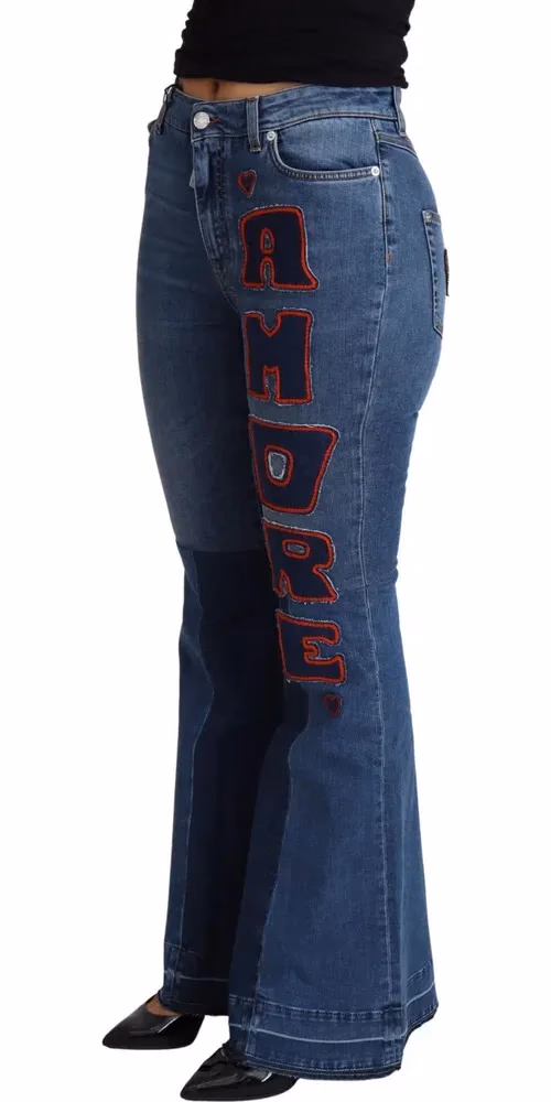 Dolce & Gabbana Blue Amore Patch Boot Cut Cotton Stretch Pant