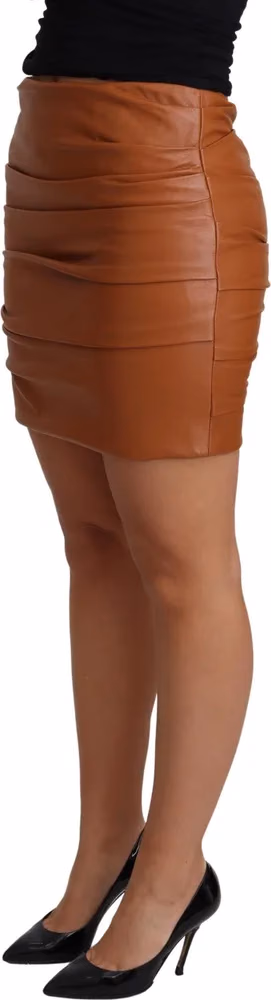 Dolce & Gabbana Brown Lambskin High Waist Mini Pleated Skirt